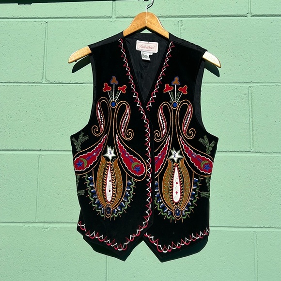 Vintage Jackets & Blazers - Vintage Black Suede Embroidered Vest